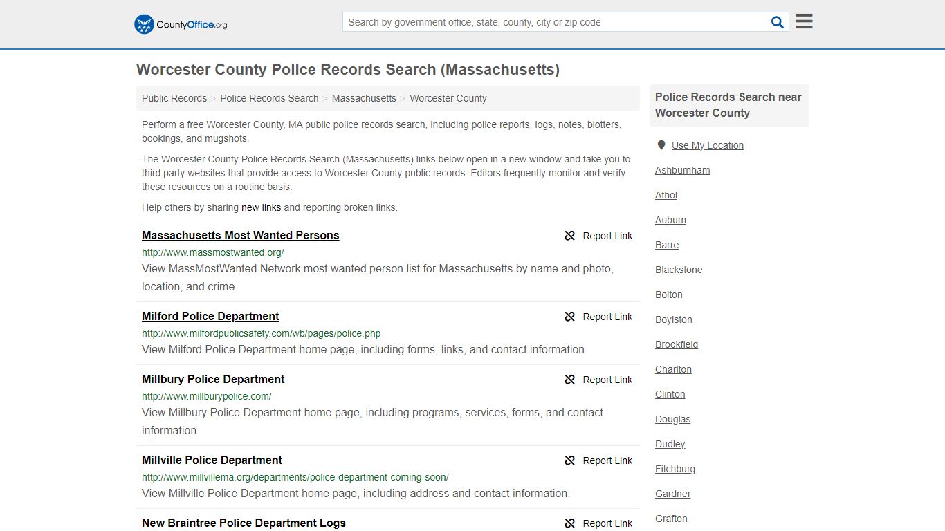 Worcester County Police Records Search (Massachusetts)