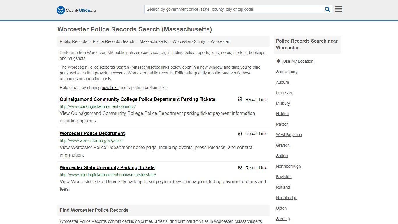 Worcester Police Records Search (Massachusetts) - County Office